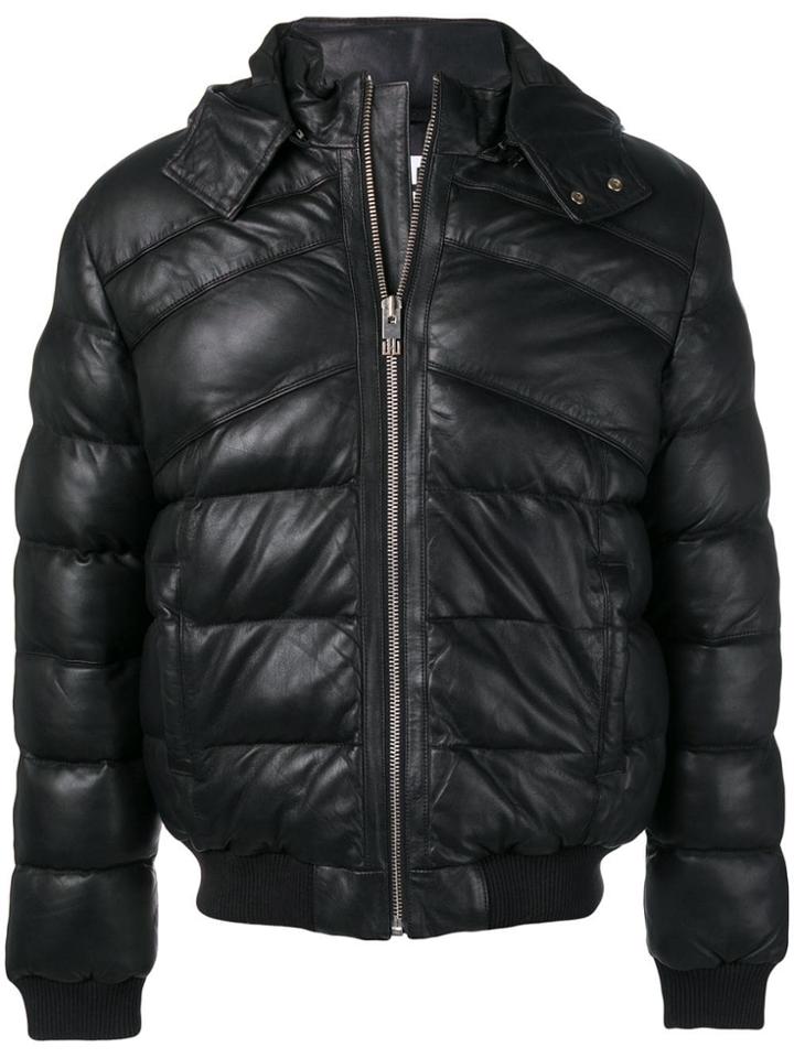 Les Hommes Leather Puffer Jacket - Black