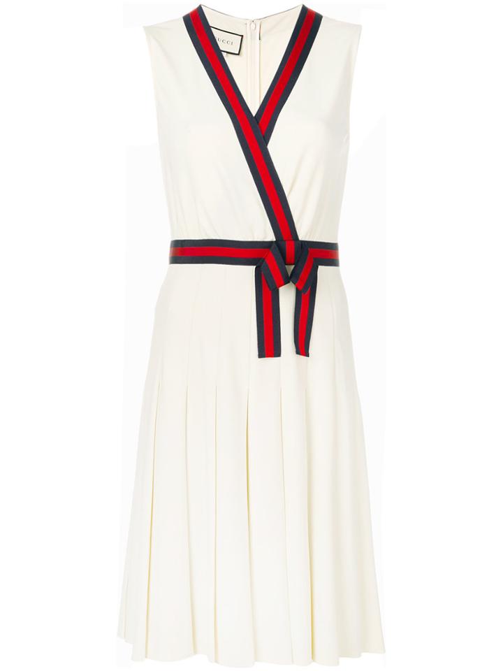 Gucci Pleated V-neck Dress With Web - Nude & Neutrals