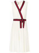 Gucci Pleated V-neck Dress With Web - Nude & Neutrals