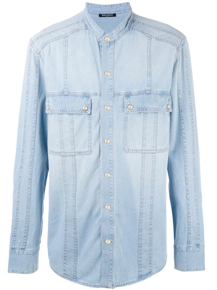 Balmain Collarless Denim Shirt, Men's, Size: 40, Blue, Cotton