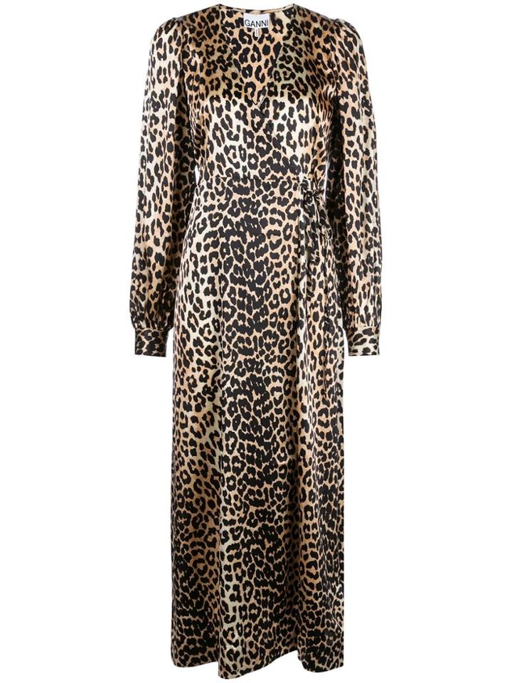 Ganni Tiger Print Wrap Dress - Brown