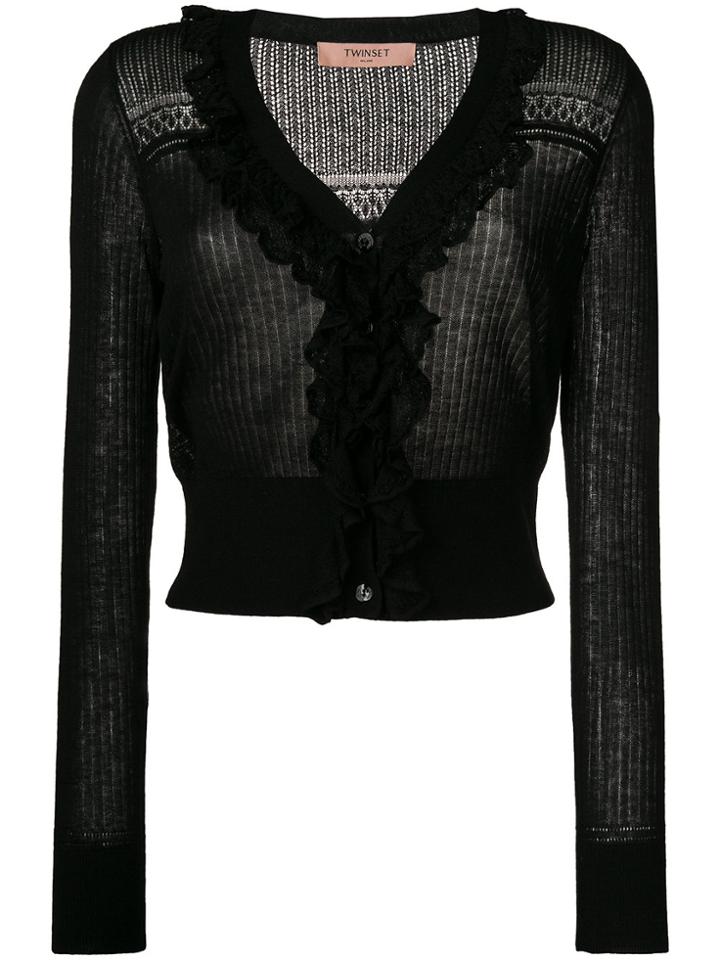 Twin-set Ribbed Ruffled Cardigan - Black