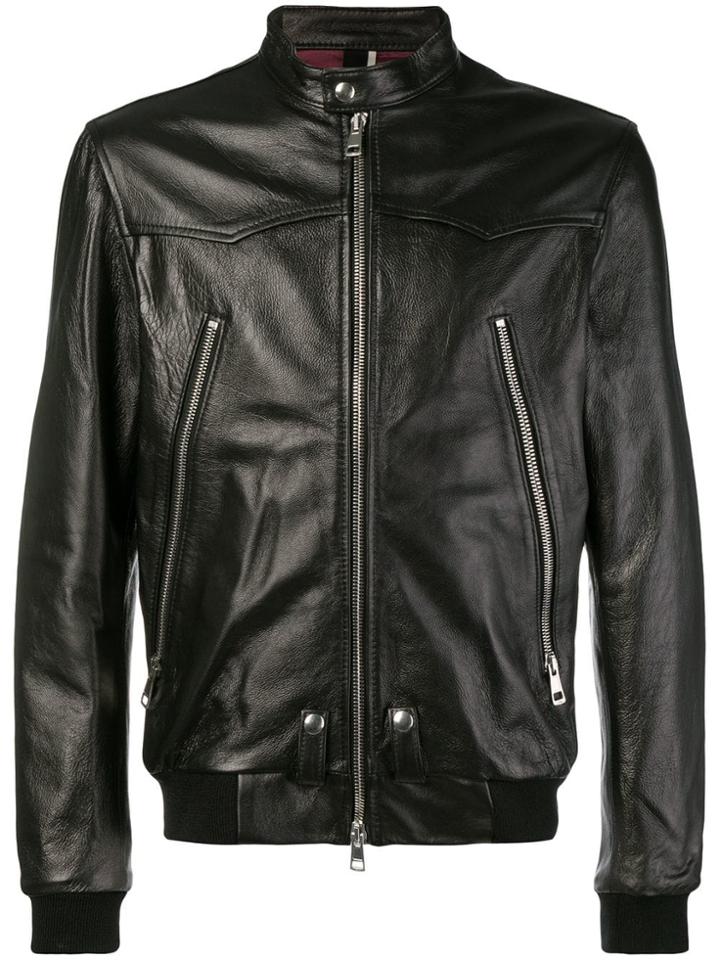 Low Brand Front Zip Leather Jacket - Black