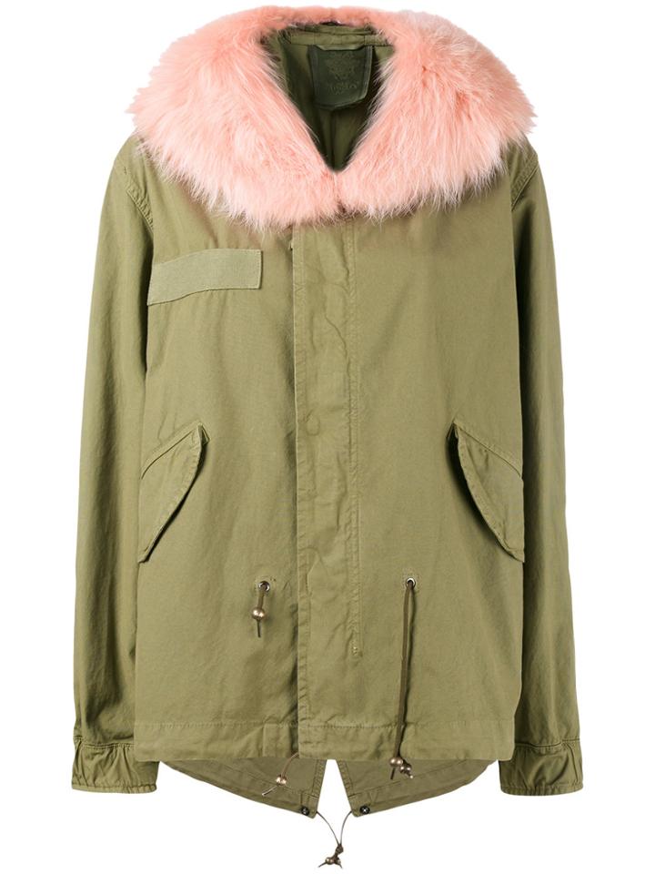 Mr & Mrs Italy Pink Racoon Fur Hood Unlined Parka Jacket - Green