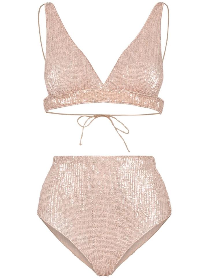 Oseree Marylin Sequin Embellished High Waist Bikini - Neutrals