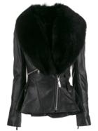 Philipp Plein Fur Collar Leather Jacket - Black