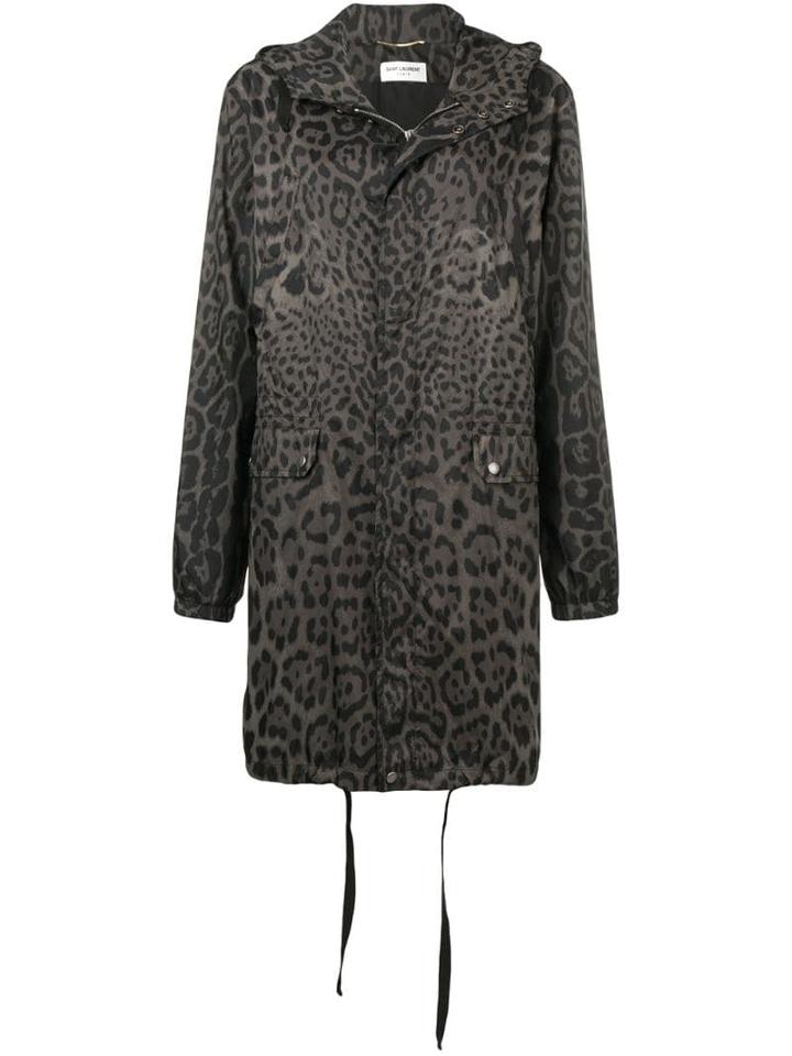 Saint Laurent Leopard Print Hooded Parka - Grey