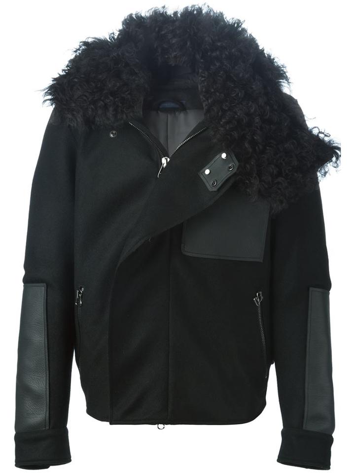 Lanvin Detachable Lamb Fur Collar Jacket, Men's, Size: 50, Black, Cotton/calf Leather/polyamide/lamb Fur