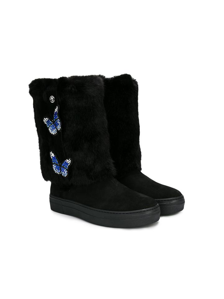 Miss Blumarine Teen Butterfly Detail Faux Fur Boots - Black
