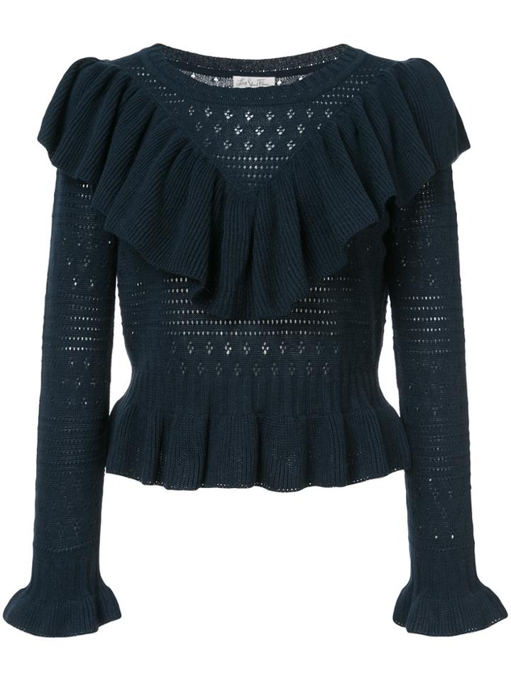 Love Shack Fancy Open Knit Sweater With Frill Trim - Blue