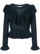 Love Shack Fancy Open Knit Sweater With Frill Trim - Blue