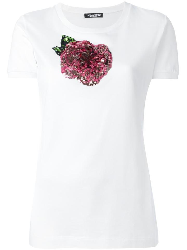 Dolce & Gabbana Sequinned Rose T-shirt, Women's, Size: 42, White, Cotton/polyamide/polyester