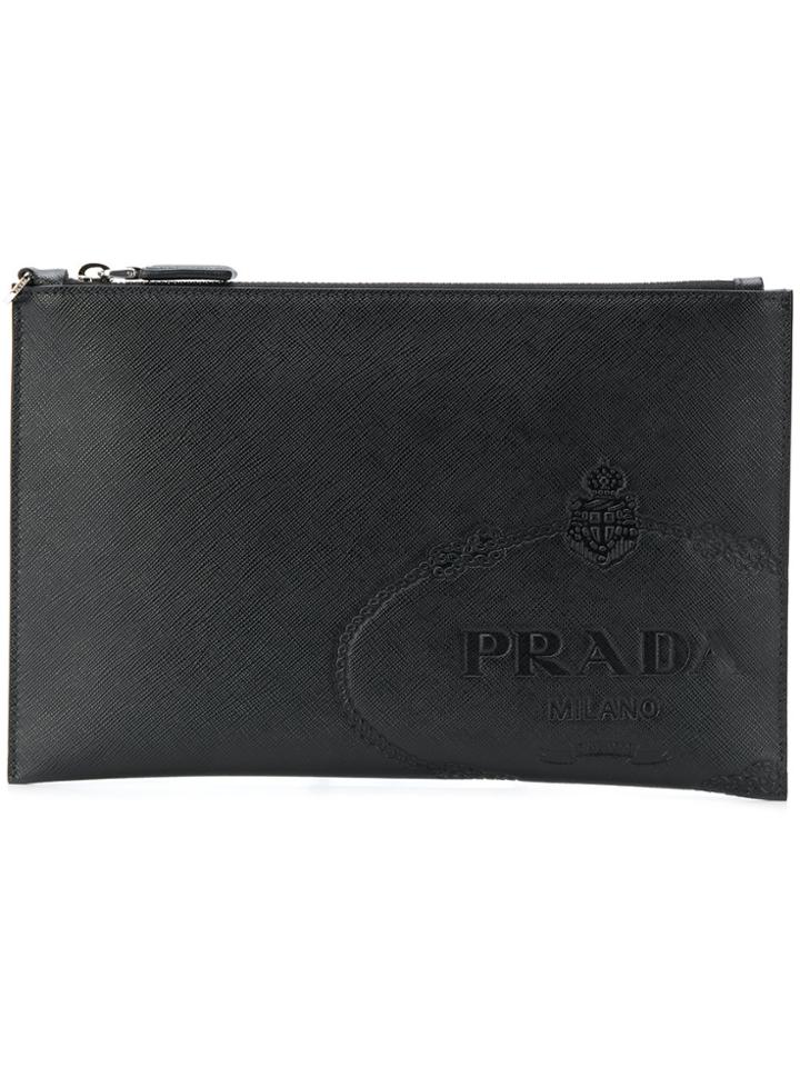 Prada Embossed Logo Clutch Bag - Black