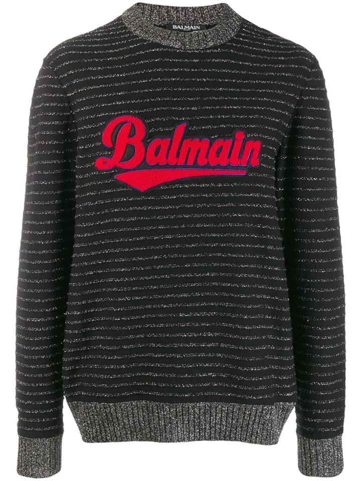 Balmain Logo Embroidered Striped Jumper - Black