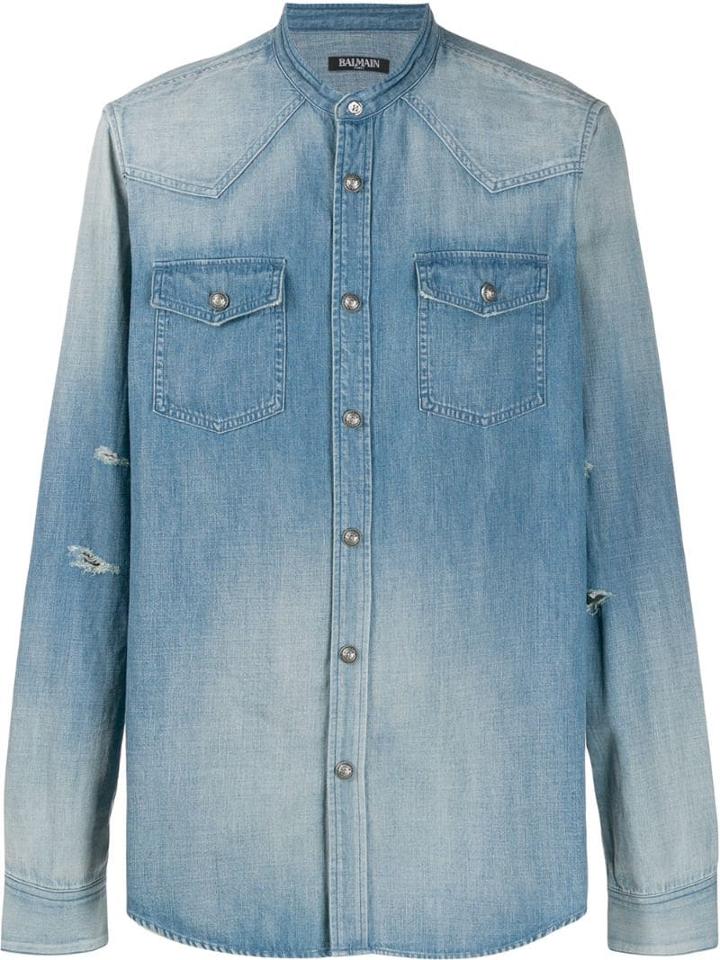Balmain Distressed-effect Logo Print Shirt - Blue