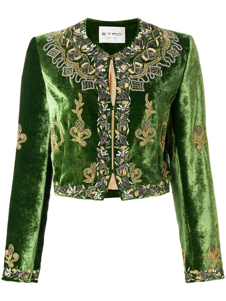 Etro Embellished Velvet Cropped Jacket - Green