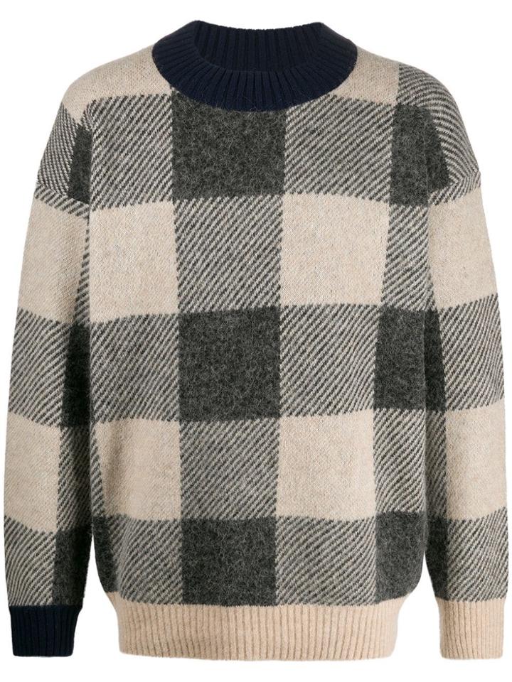 Sacai Plaid Wool Blend Sweater - Neutrals