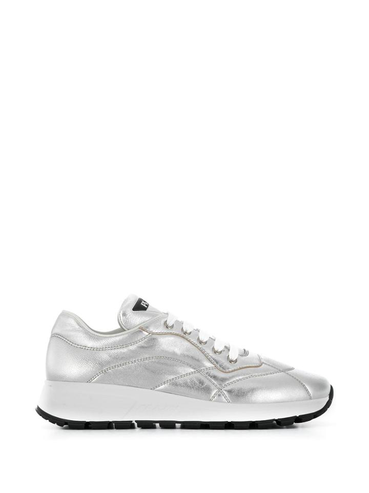 Prada Top Stitched Low Top Sneakers - Silver