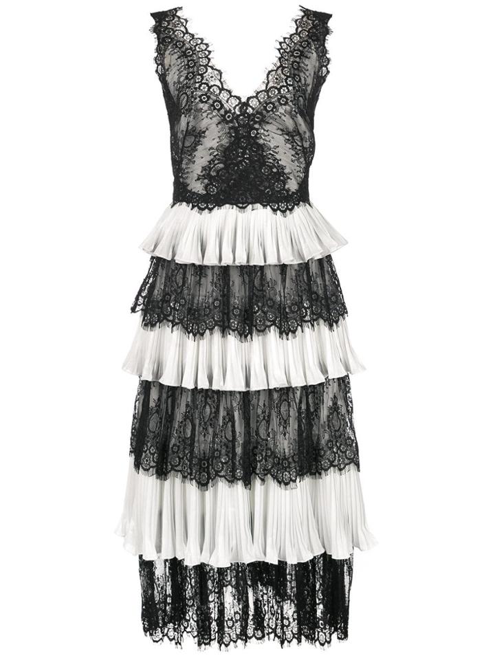 Marchesa Notte Lace Panelled Tiered Midi Dress - Black