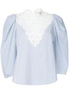 Sea - Lace Bib Striped Blouse - Women - Cotton - 8, Blue, Cotton