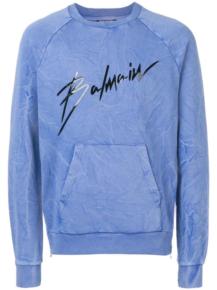 Balmain Signature Print Hoodie - Blue
