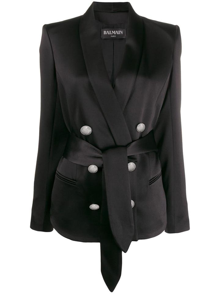 Balmain Satin Belted Blazer - Black