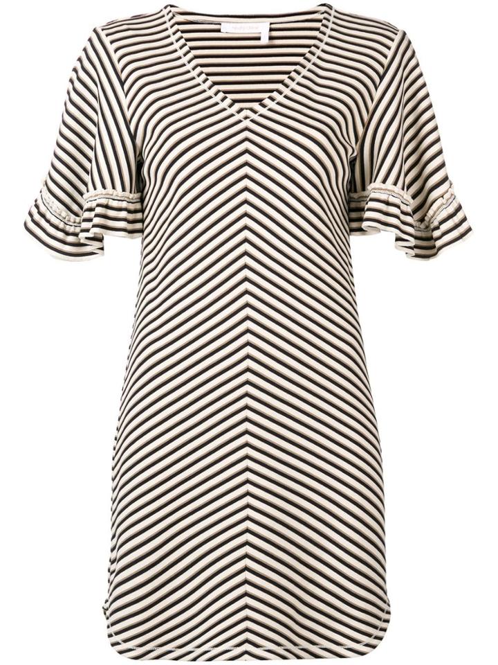 See By Chloé Chevron Frilled Sleeve Mini Dress - Neutrals