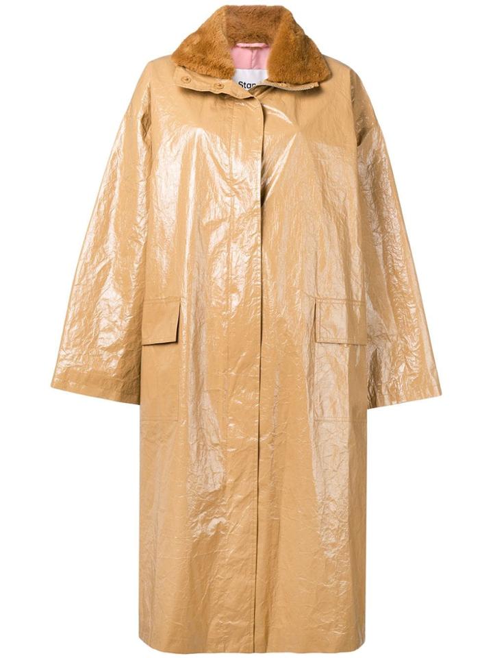 Stand Shearling Lined Raincoat - Brown