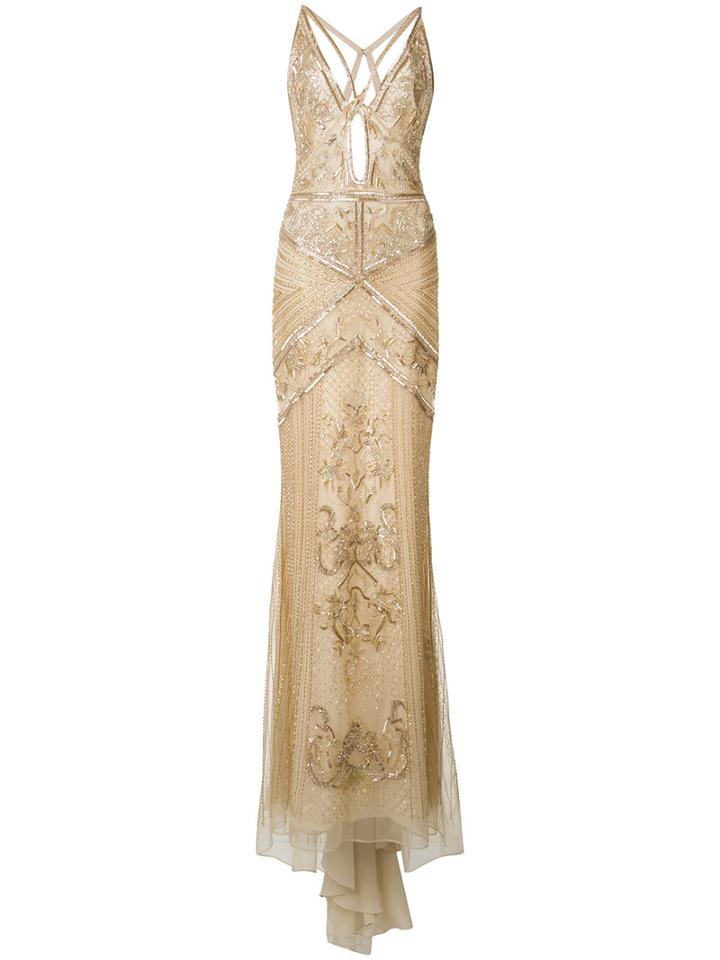 Roberto Cavalli Crossed Back Embroidered Gown, Women's, Size: 40, Nude/neutrals, Silk/polyamide