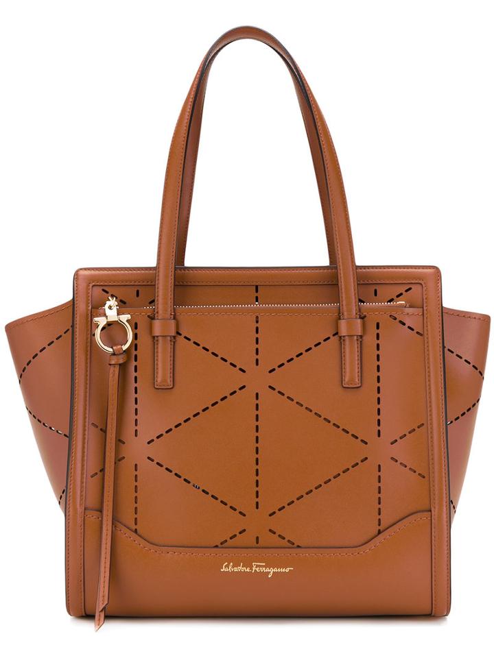 Salvatore Ferragamo - Embroidered Tote - Women - Calf Leather - One Size, Brown, Calf Leather