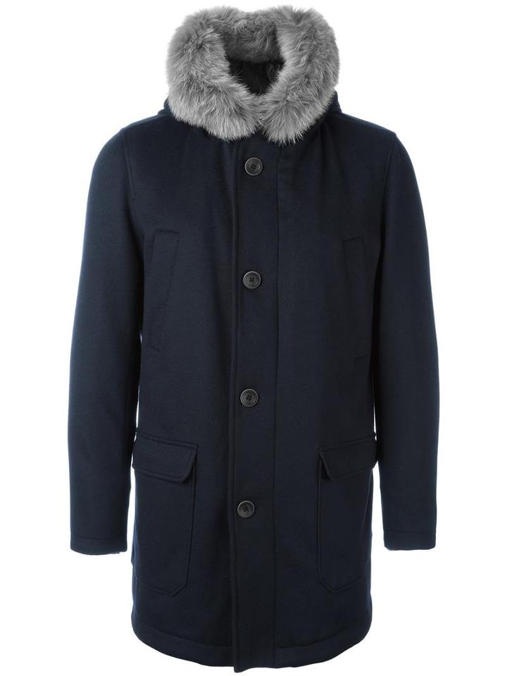 Herno Hooded Mid Coat, Men's, Size: 50, Blue, Feather Down/polyamide/cashmere/coyote Fur