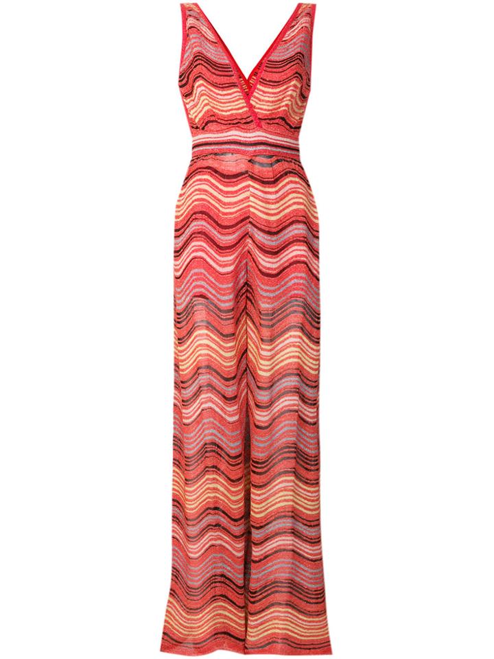 M Missoni Striped Knit V-neck Jumpsuit - Red