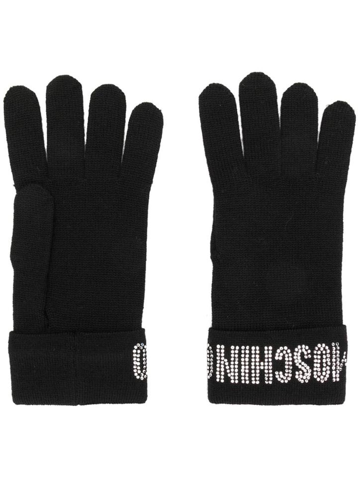 Moschino Crystal Embellished Logo Gloves - Black