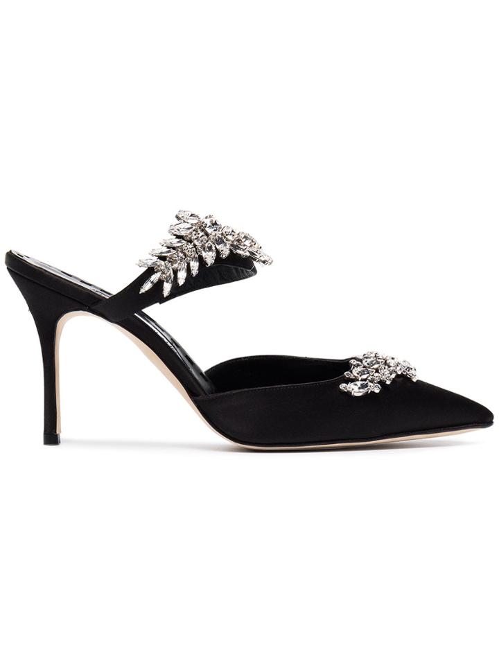 Manolo Blahnik Black Satin Lurum Crystal 90 Mules