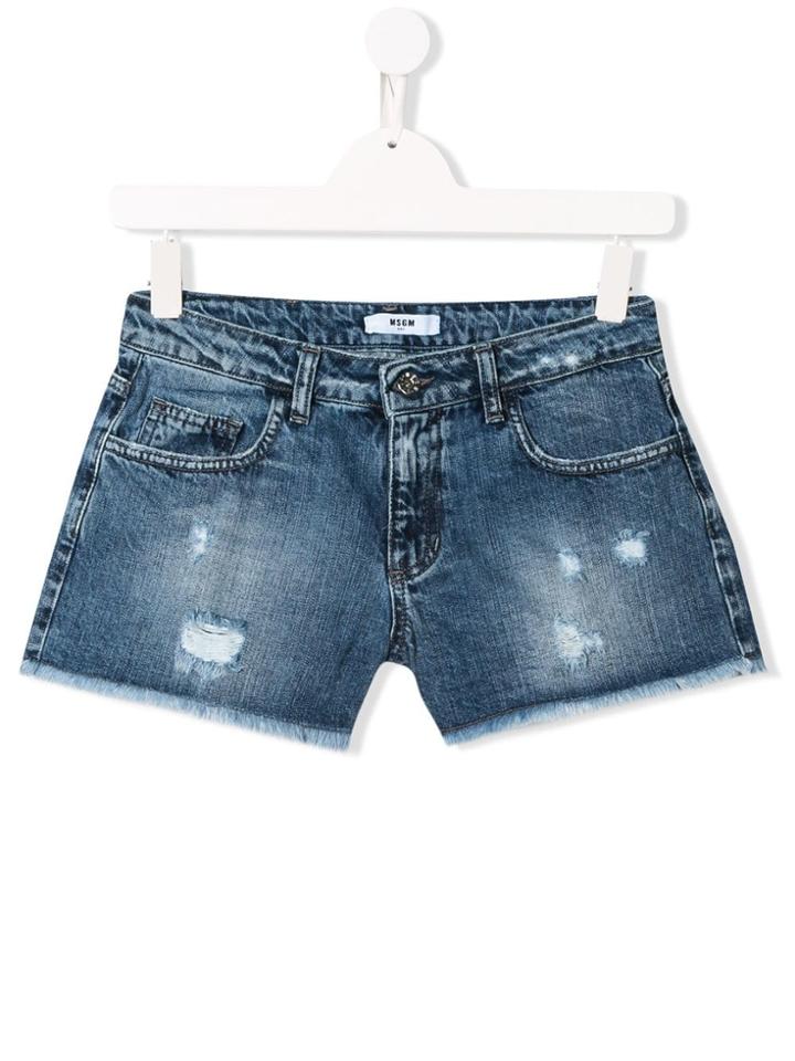 Msgm Kids Teen Distressed Denim Shorts - Blue