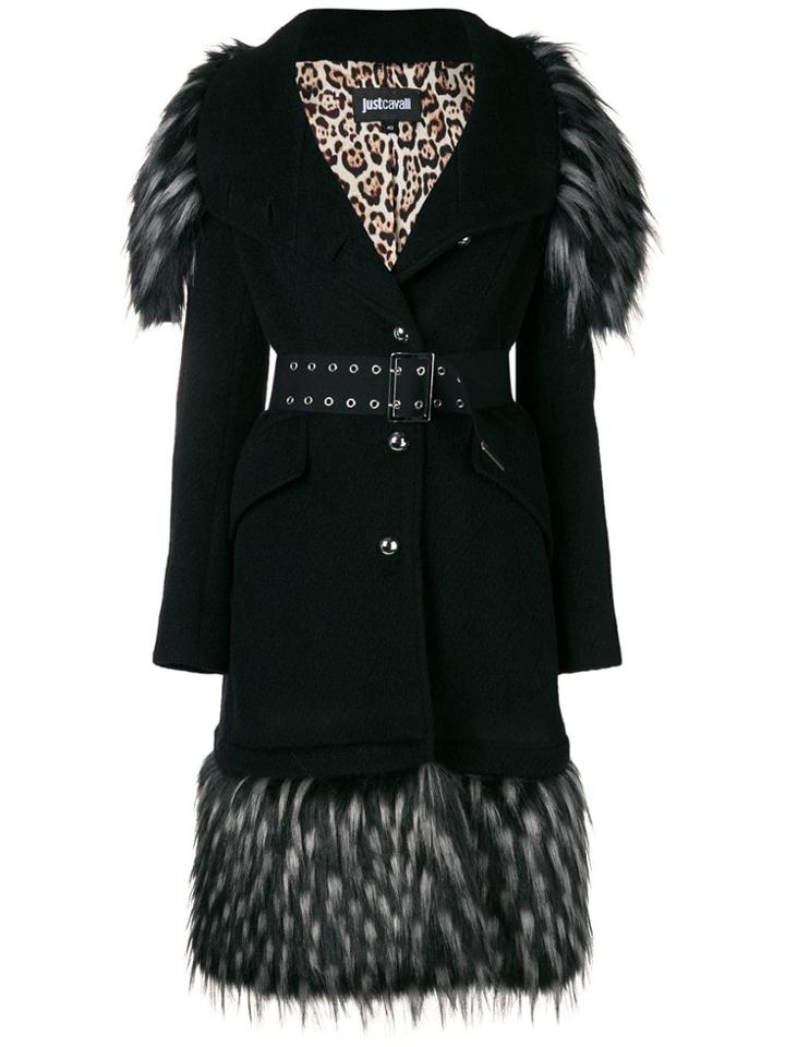 Just Cavalli Feather Trim Fitted Coat - Black