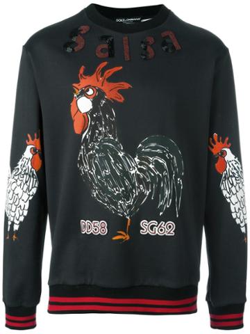 Dolce & Gabbana Salsa Rooster Sweatshirt, Men's, Size: 52, Black, Cotton/glass/viscose/polyester