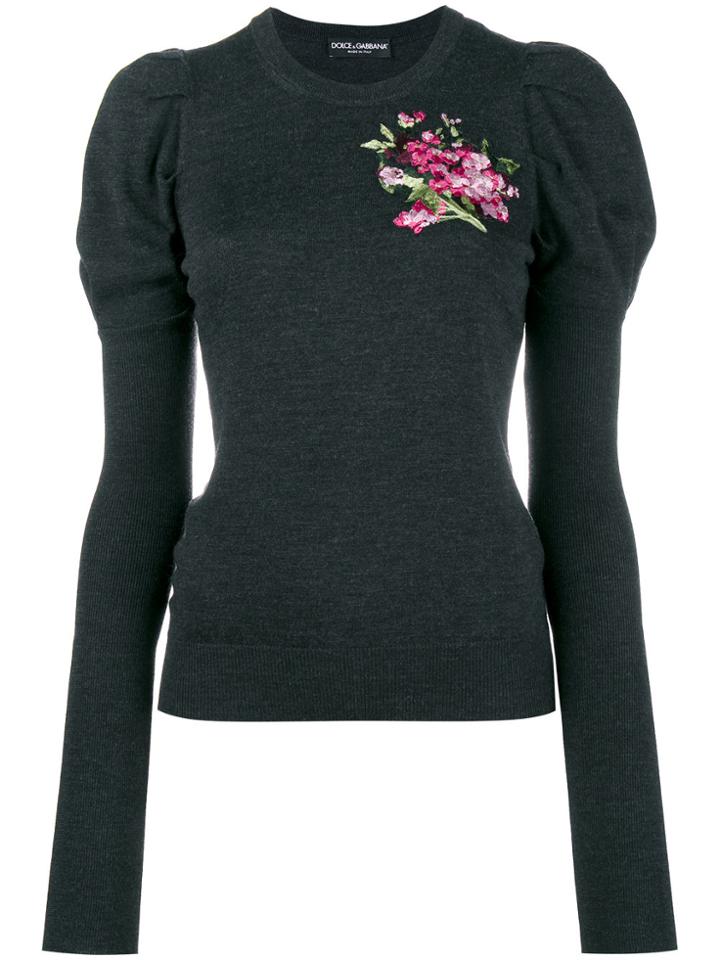 Dolce & Gabbana Floral Embroidered Puff Sleeve Knitted Top - Grey