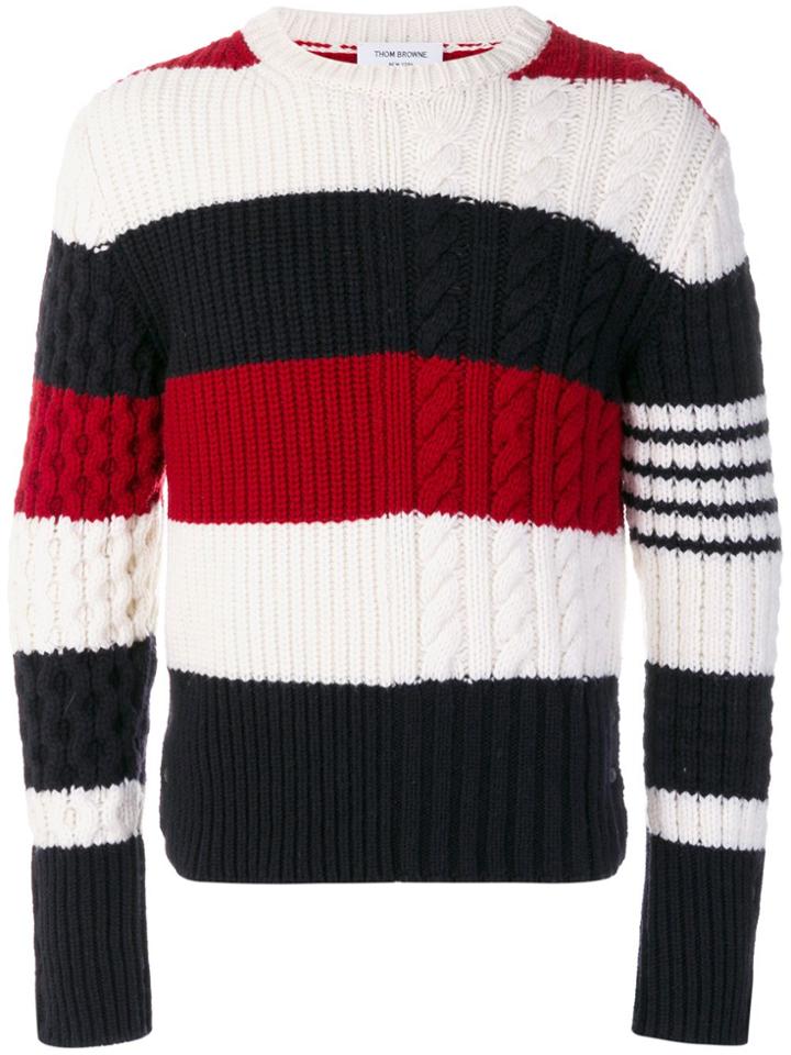 Thom Browne Rugby Stripe Fun-mixed Cable Fine Merino Crewneck Pullover