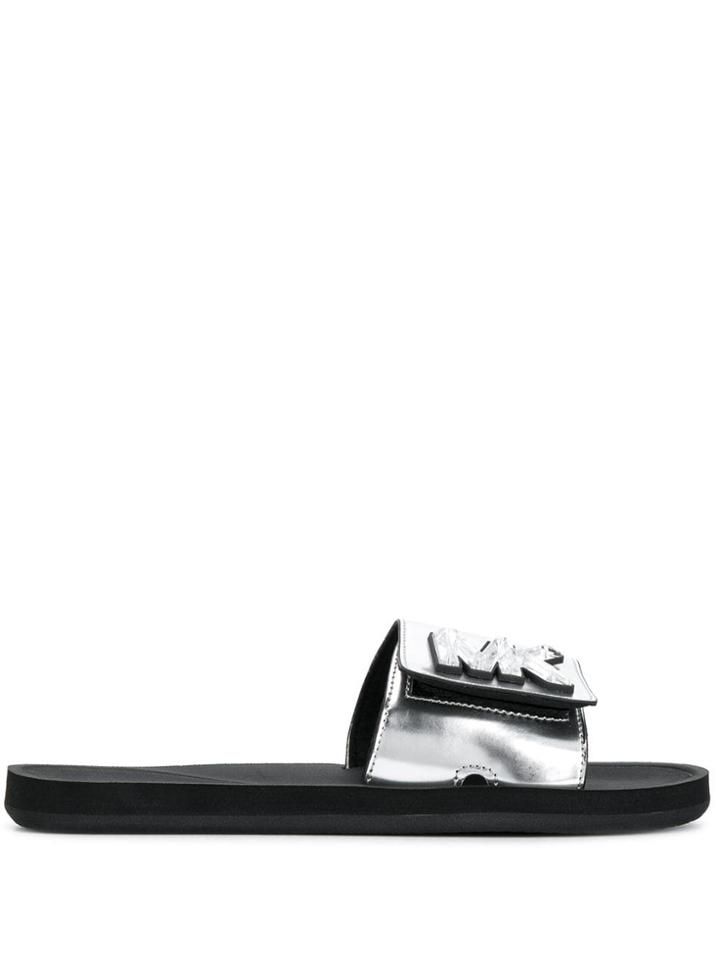 Michael Michael Kors Logo Print Metallic Slides - Silver
