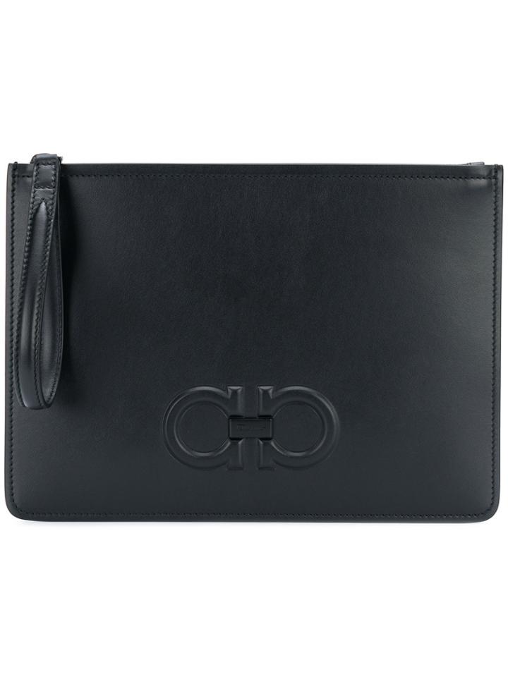 Salvatore Ferragamo Double Gancio Embossed Clutch - Black