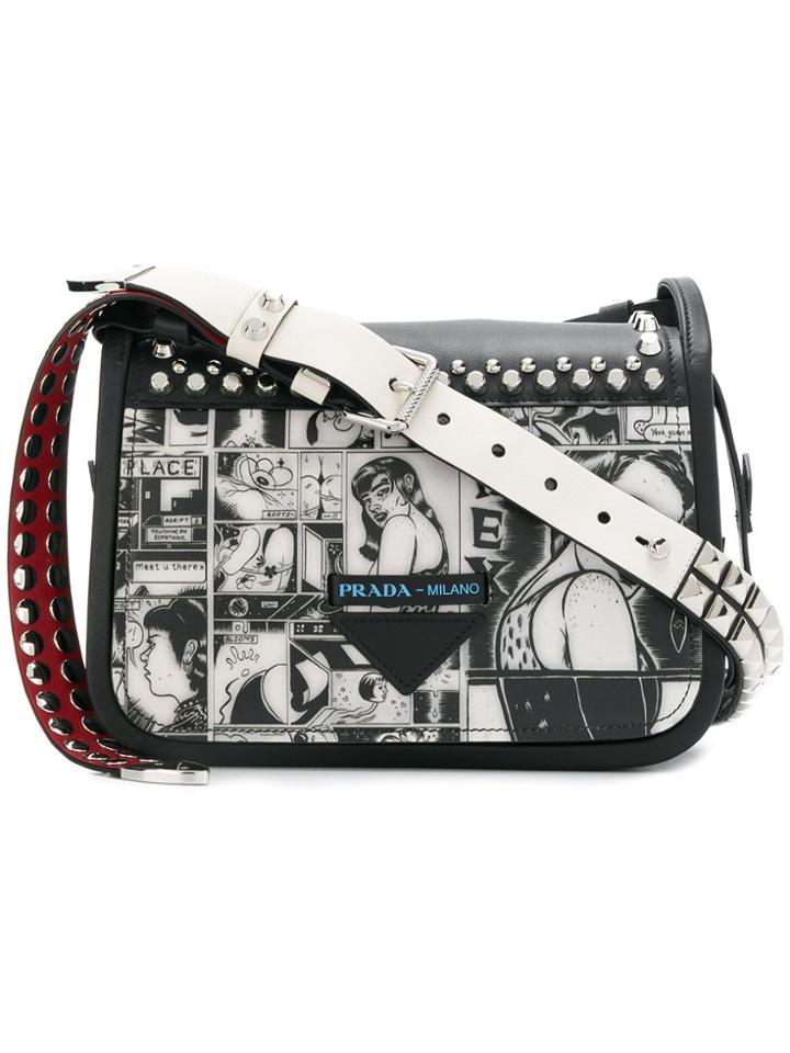 Prada Cartoon Print Studded Shoulder Bag - Black