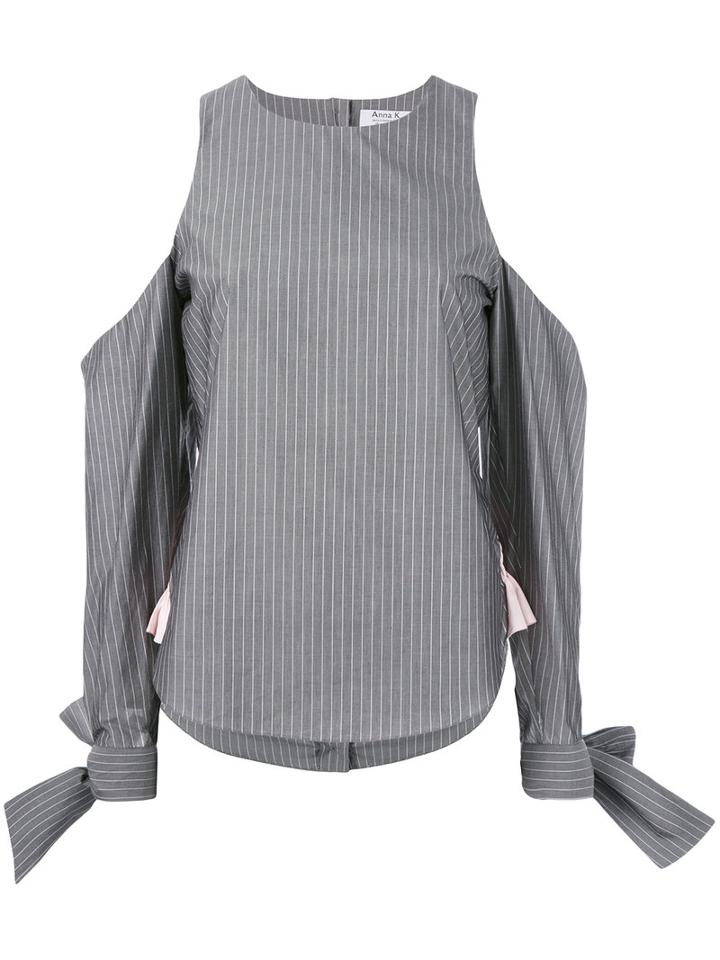 Anna K - Pinstripe Cold Shoulder Blouse - Women - Cotton - S, Grey, Cotton