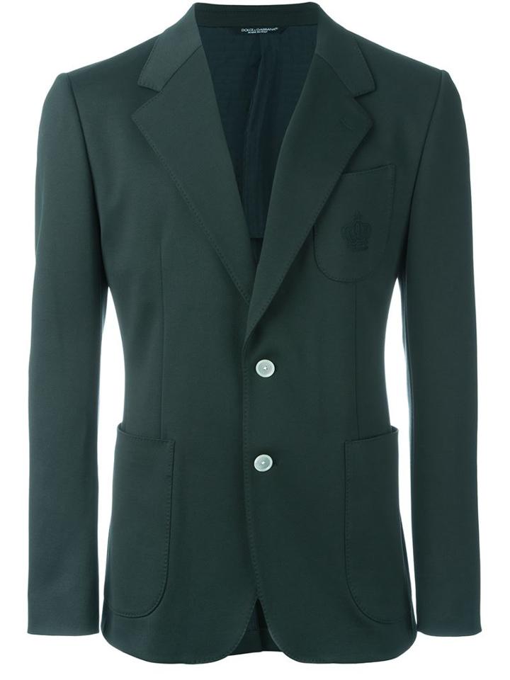 Dolce & Gabbana Embroidered Crown Pocket Blazer, Men's, Size: 46, Green, Polyester/cupro/cotton/wool
