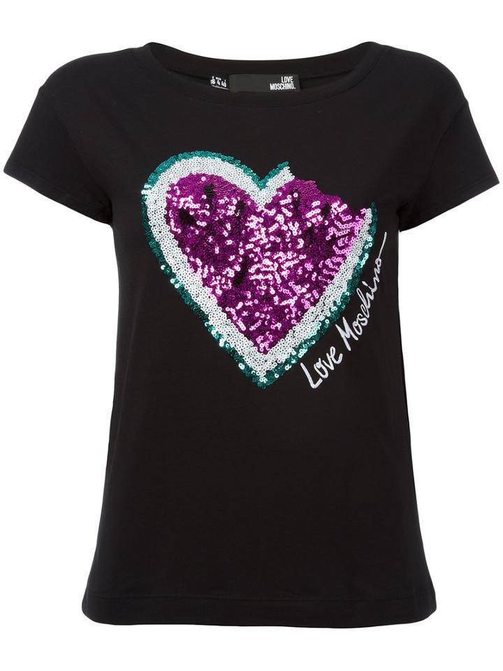 Love Moschino Sequinned Heart T-shirt, Women's, Size: 42, Black, Cotton/spandex/elastane