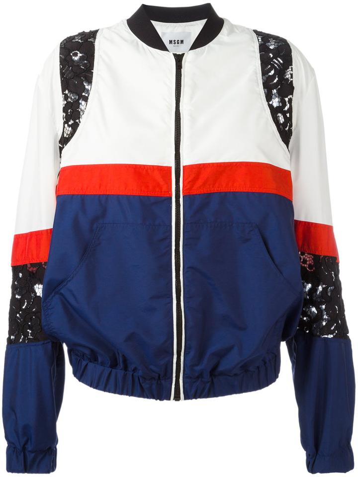 Msgm Lace Panel Bomber Jacket, Size: 42, Blue, Polyamide/polyester