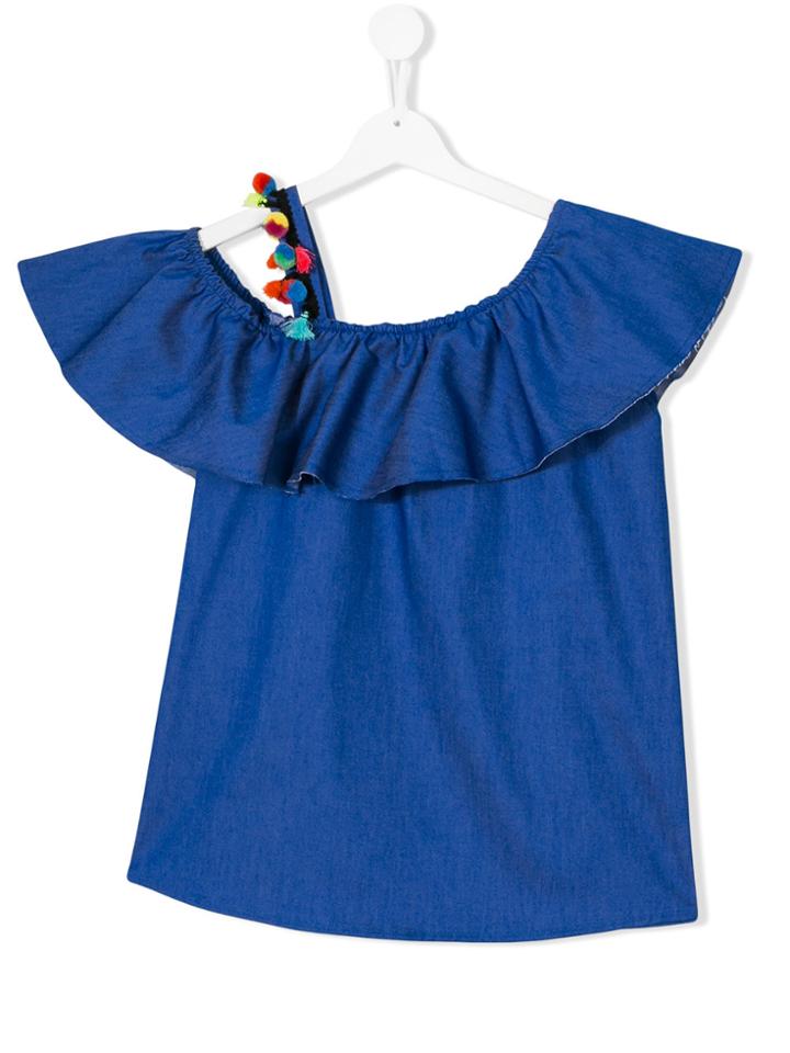 Mariuccia Milano Kids Teen Pom-pom Strap Frill Top - Blue