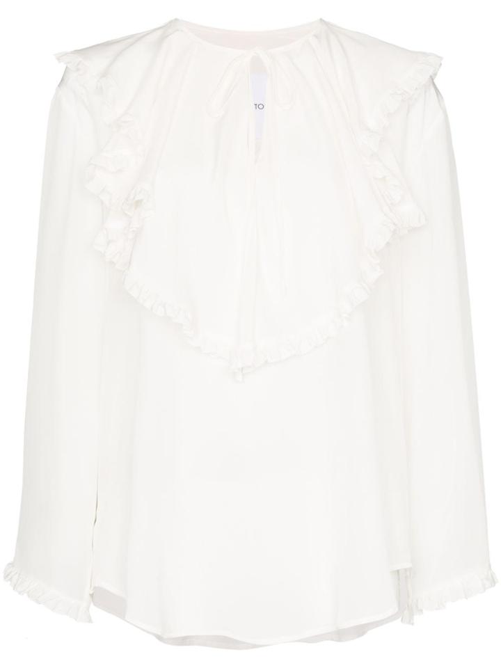Pushbutton Keyhole Ruffle Blouse - White