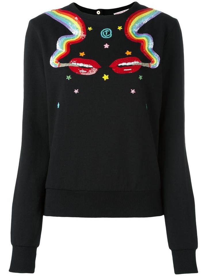 Olympia Le-tan Smoking Lips Beaded Sweatshirt, Women's, Size: Medium, Black, Cotton