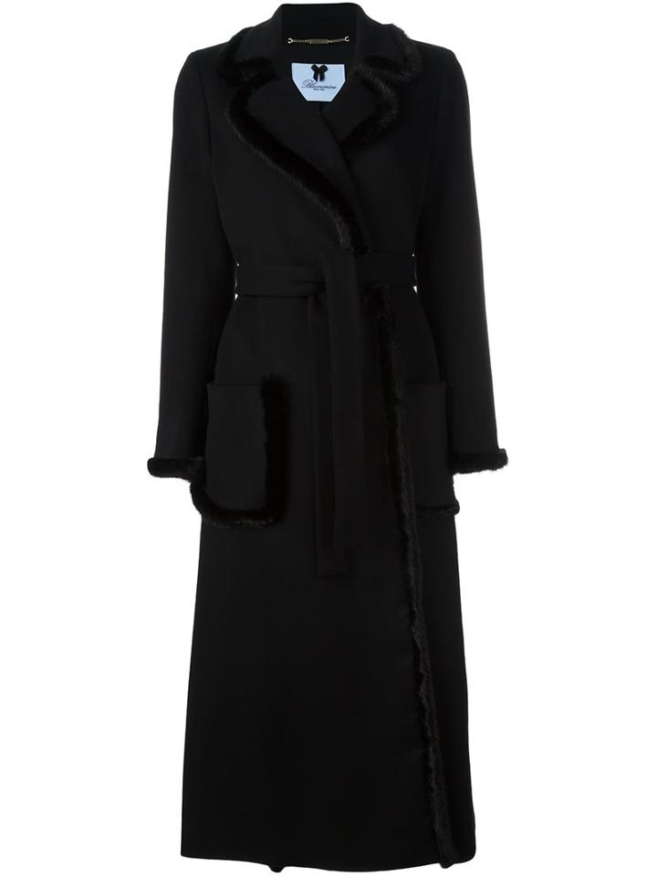 Blumarine Long Belted Coat, Women's, Size: 40, Black, Mink Fur/polyester/viscose/virgin Wool